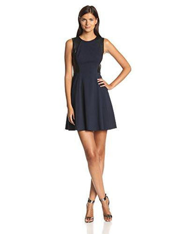 Sleeveless Faux Leather Fit And Flare Dress, Navy/Black, 8