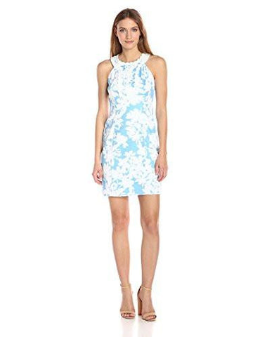 Stretch Hopsak Floral Halter CutAway Sheath, Pool Blue, 6