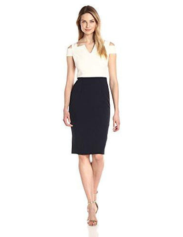 Color Block Crepe Sheath, Cream/Navy, 12