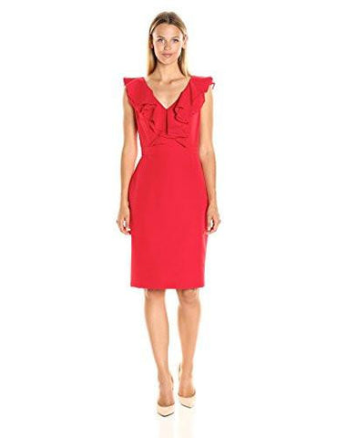Taylor Dresses Ruffle Neck Sheath Dress, Red, 4