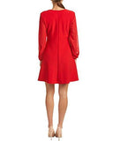 Surplice Neck Long Sleeve Illusion Dress, Red, 8