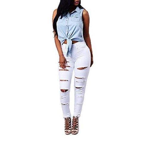 Vicvik High Waist Knee Skinny Denim Distressed Ripped Boyfriend Jeans L White