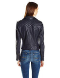 Faux Leather Assymetrical Diamond Quilted Motorcycle, Navy, Xs