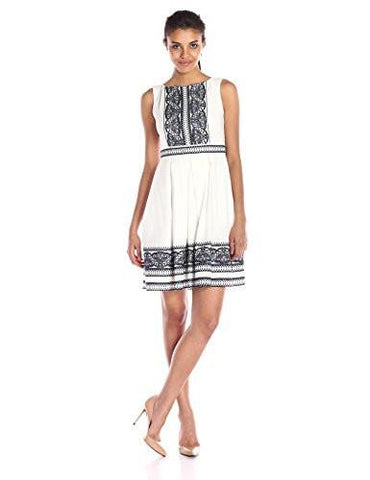 Cotton Embroidered Dress On Top And Bottom Boarder, White/Navy, 6