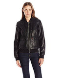 Faux Leather Bomber With Jersey Knit Hood, Black, Large
