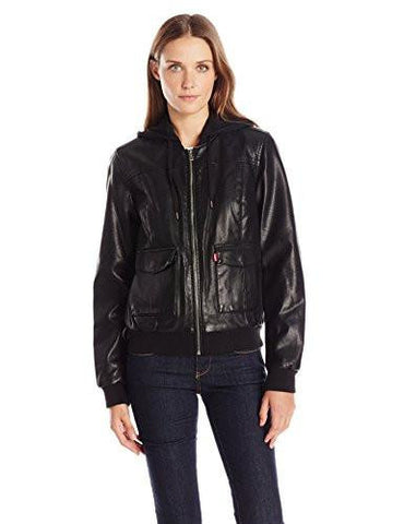 Faux Leather Bomber With Jersey Knit Hood, Black, Large