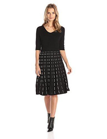 Taylor Dresses Short Sleeve VNeck Fit And Flare Sweater Dress, Black/Ivory, Large