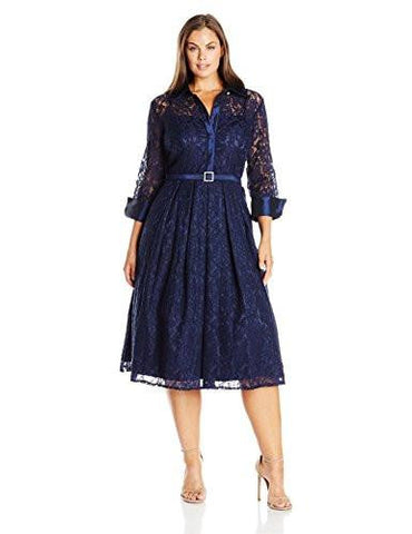 Plus Size Long Sleeve Lace Shirt Dress, Navy, 20W