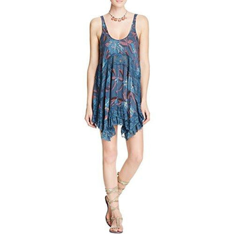 She Swings Printed Lace Inset Slip Dress Blue M