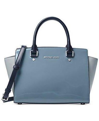 Michael Kors Selma Medium Top Zip Satchel Patent Denim