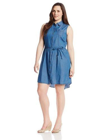 PlusSize Sleeveless Button Front Belted Dress, Med Stone Wash, 1X