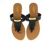 Keira Layered Kilty Fringe Gold Logo Plate TStrap SlipOn Slide Thong Flat Sandal Black 6 M Us