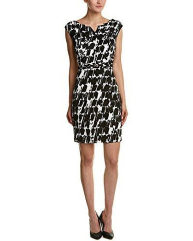 Ellen Tracy Printed Scuba Dress With Rigid Neckline, Black/Ivory, 10