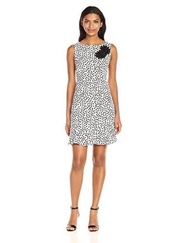 Spring Dot Flounce Bottom Wheath Dress With Floral Applique At Shoulder, Ivory/Black, 12