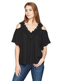 Lace Trim Cold Shoulder Top, Black, S