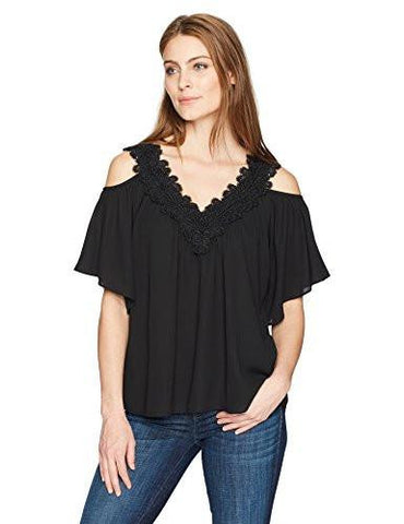 Lace Trim Cold Shoulder Top, Black, S