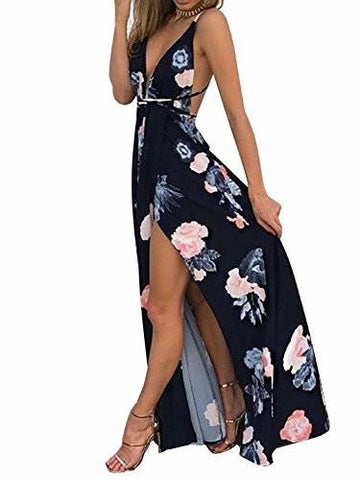 Berrygo Sexy Deep V Neck Backless Floral Print Split Maxi Party Dress