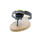 Keira Layered Kilty Fringe Gold Logo Plate TStrap SlipOn Slide Thong Flat Sandal Black 6 M Us
