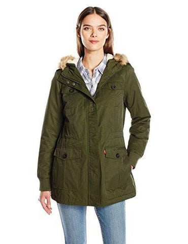 Coated Cotton Four Pocket Sherpa Lined Mid Length Parka, Army Green, M