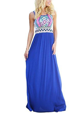 Annflat Summer Bohemian Retro Geometry Sleeveless Maxi Casual Dress Large Blue