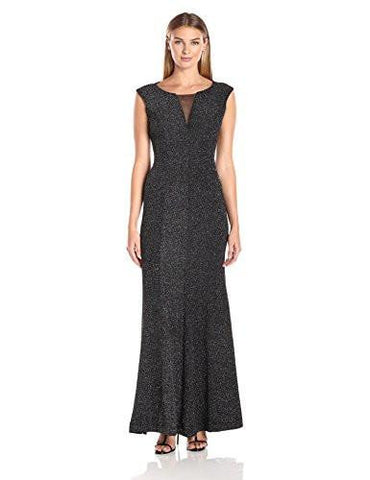 Extended Cap Sleeve Gown With Mesh Inset, Black/Silver, 10