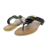 Keira Layered Kilty Fringe Gold Logo Plate TStrap SlipOn Slide Thong Flat Sandal Black 6 M Us