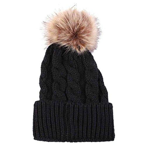 Hat, Winter Warm Knitted Wool Hemming Pom Pom Hat Cap Black