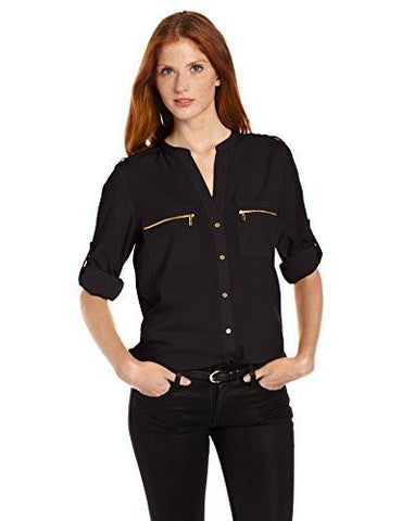 Modern Essential Zipper Button Front Blouseblackmedium