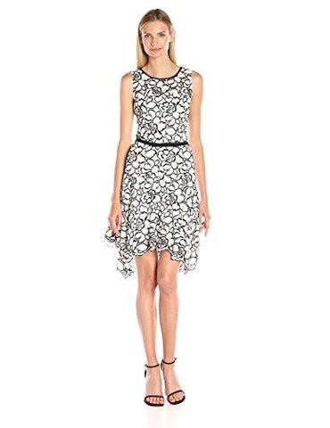 Hankie Hem Lacey Applique Fit And Flare Dress, Ivory/Black, 12