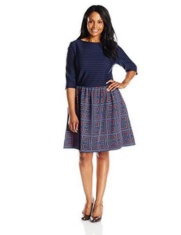 Taylor Dresses PlusSize 3/4 Sleeve Mixed Media Fit And Flare Dress, Navy Multi, 14W