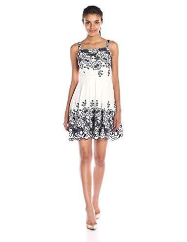 Cotton Floral Embroidered Dress, White/Navy, 12