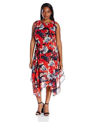 Taylor Dresses Plus Size Hankie Hem Floral Chiffon Dress With RickRack Crochet Insert, Red/Black, 18W