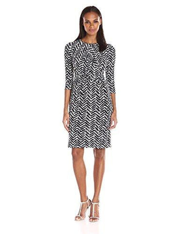 3/4 Sleeve Printed Shift, Navy/Ivory, 8