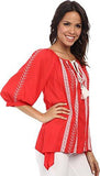 Embroidered Tassel Tie Top Lipstick Blouse Xs
