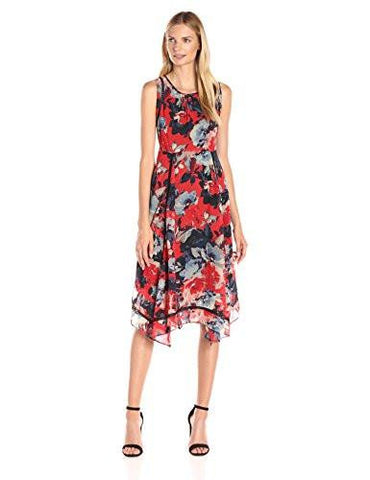 Hankie Hem Floral Chiffon Dress With RickRack Crochet Insert, Red/Black, 4