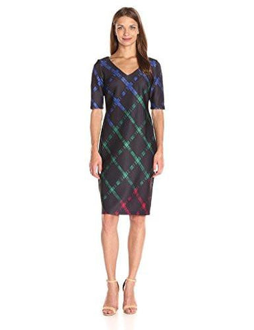 Taylor Dresses Long And Lean Plaid Scuba Sheath Dress, Black Emerald, 10