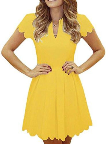 Sidefeel Sweet Scallop Pleated Vintage Ruched Dress Large Yellow