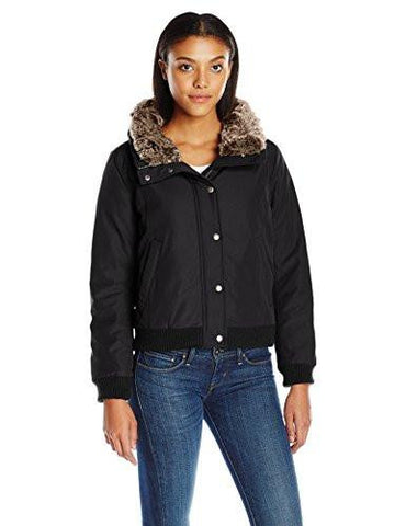 Shortie Bomber With Faux Fur Pile Collar, Black, S