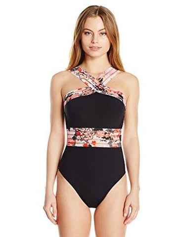 Kenneth Cole York Sweet Sakura Cross Strap Neck One Piece Swimsuit Black S