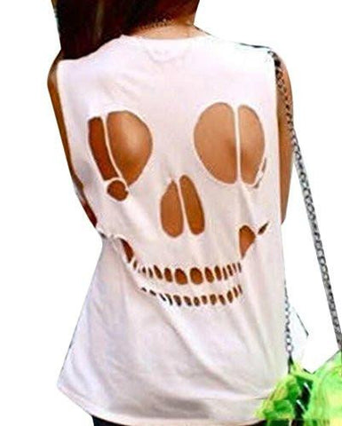 M2Mo Summer Sexy Skull Hole Sleeveless Tshirt White Us M