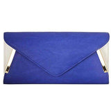 Sapphire Blue Pu Faux Leather Envelope Flap Alloy Metal Two Tone White Accented Fashion Clutch Handbag