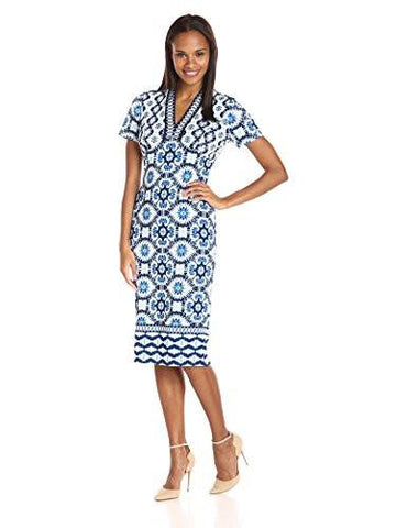 Maggy London VNeck Scuba Sheath, Soft White/Denim, 2