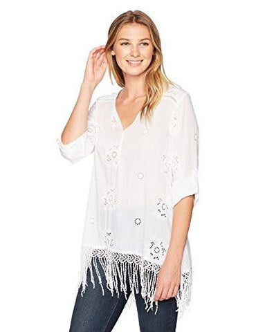 Fringed Embroidered Tunic, Off White, L