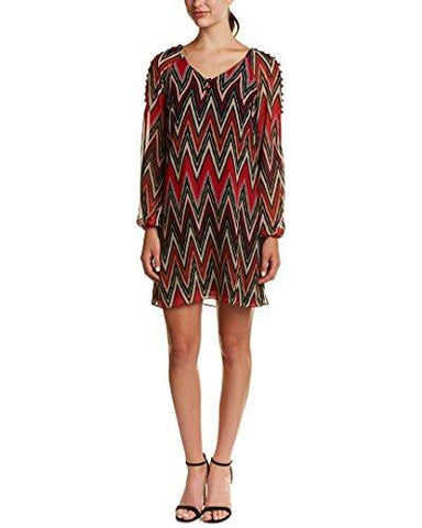 Zig Zag Print Aline Dress With Decorative Buttons At Sleeves, Red/Black, 12