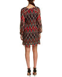 Zig Zag Print Aline Dress With Decorative Buttons At Sleeves, Red/Black, 12