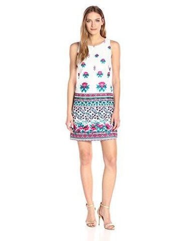 Floral Border Print Stretch Hopsak Shift Dress, Turquoise Watermelon, 14