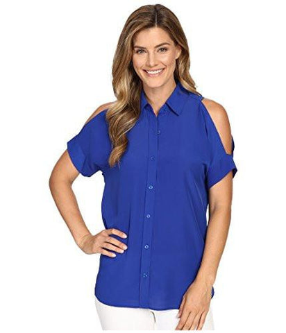 Michael Michael Kors Cold Shoulder Collared Buttondown Top Blue M