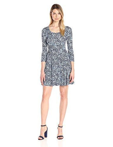 3/4 Sleeve Flared Godet Dress, Print, M