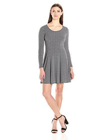 Geo Diamond Flared Godet Dress, Black Off/White, S