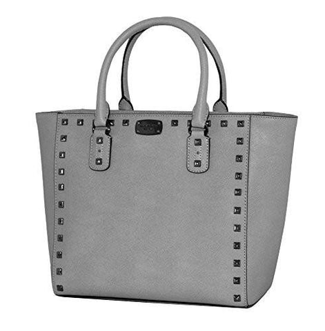 Michael Michael Kors Saffiano Blackmetallic Stud Large Tote Handbag Pearl Grey